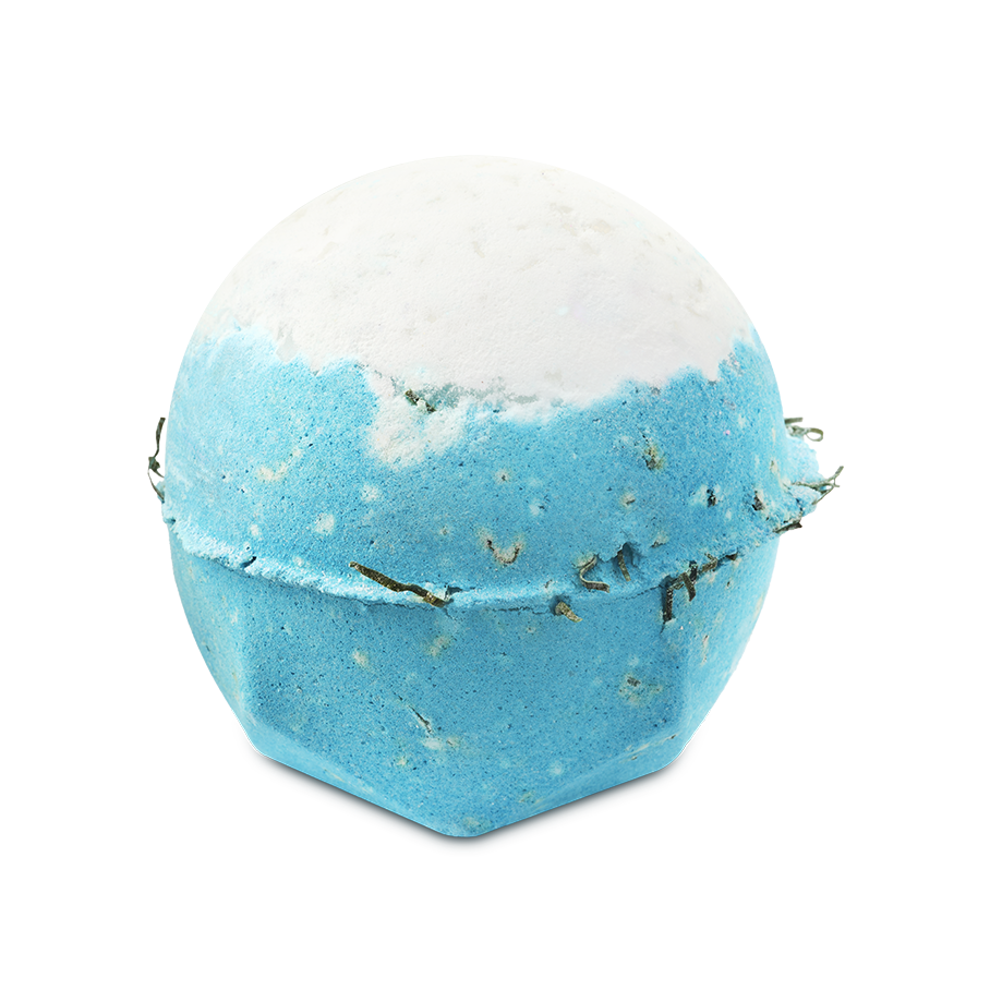 A spherical Big Blue bath bomb with a crisp white top and a vibrant light blue body. The textured surface is flecked with small bits of seaweed.