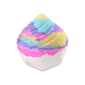 The Unicorn Poop Bath Bomb features a playful, swirl-like shape against a solid black background. The base of the bath bomb is white with a vibrant pink stripe, while the top portion is a mesmerizing mix of pastel blue, yellow, purple, and pink hues.